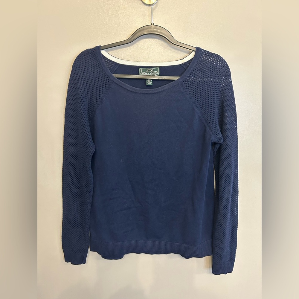 Ralph Lauren Active navy blue mesh sleeve top size M 100% cotton